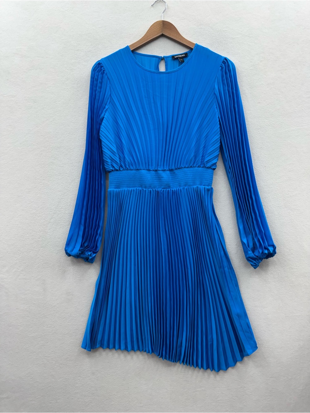 Express Women’s Medium Bright Blue Pleated Long Sleeve Dress